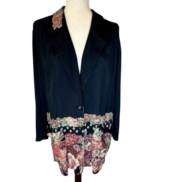 80's Needlepoint Floral Jacket Top Black Low V Neck Size 8 Boho Whimsigoth Gypsy - Picture 4 of 10